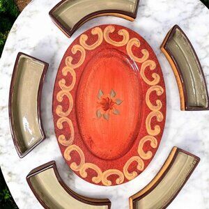 CASA CRISTINA Tuscan 14" Oval Platter-Rust With Lazy Susan 6 Pc Set-Green